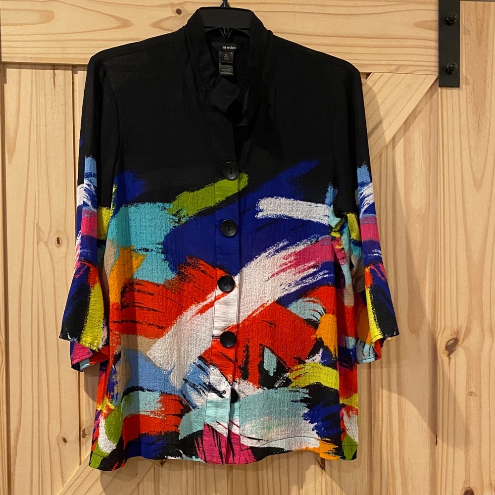 Ali Miles Black Multicolor Abstract Blouse